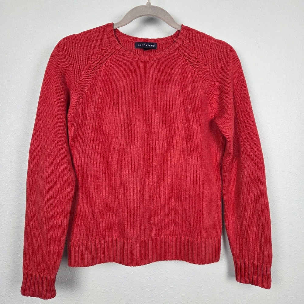Sweater Lands End Womens XS/P 2-4 White Cable Knit Cotton Pullover